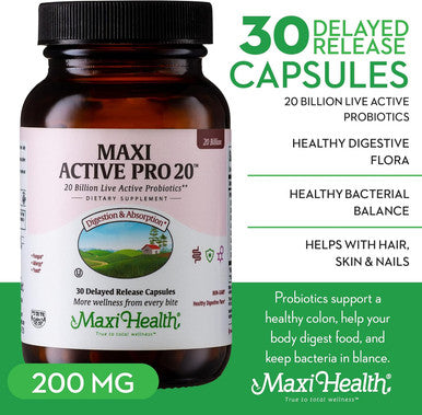 Maxi Health Probiotics for Digestive Health and Gut 15 Strains 20 Billion CFU Active Organisms - Probiotics for Men and Women with Lactobacillus Rhamnosus Daily Probiotic for Digestive Support 30 Capsules