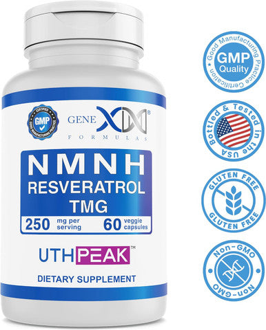 Genex Formulas 250Mg Nmnh + Resveratrol + Tmg (60 Capsules - 30 Servings) Nmnh (Dihydronicotinamide Mononucleotide) + 98% Resveratrol + Tmg For Healthy Aging - Non-Gmo, Gluten-Free, Vegetarian