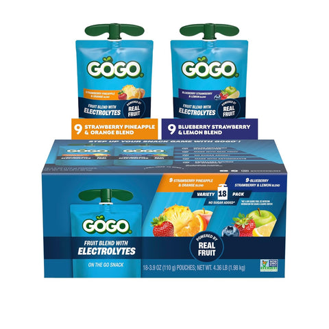 GOGO Active No Sugar Added Electrolytes Fruit Blend Variety Pack, 18 Count | Blueberry strawberry lemon & pineapple orange flavors; Made with real fruit and electrolytes for on the go snacking
