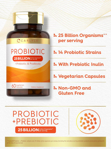 Carlyle Prebiotic & Probiotic | 25 Billion CFU | 60 Capsules | for Women & Men | Powder Pills | Vegetarian Non-GMO & Gluten Supplement