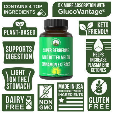 Ultra High Strength 4-In-1 Super Berberine Patented Glucovantage + Wild Bitter Melon + Cinnamon Extract + Chromium Picolinate