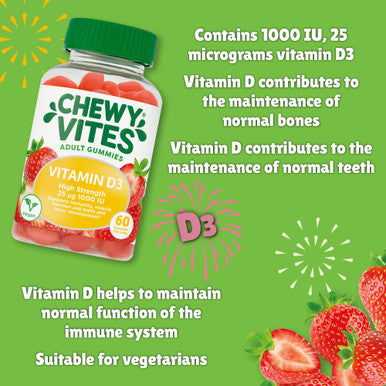 Chewy Vites Adult High Strength Vitamin D3 60 Vitamin D Gummies 25 micrograms 1000 IU 2 Months Supply Vegan Real Fruit Juice Strawberry Flavour