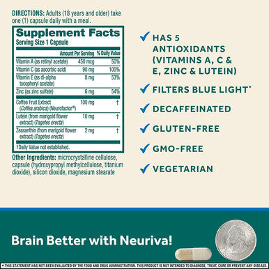 Lutein & Coffee Cherry - Neuriva Brain + Eye Support Capsules (30 count in a box), With Vitamins A C E, Zinc, Zeaxanthin, Antioxidants, Filters Blue Light, Decaffeinated, Vegetarian, Gluten & GMO Free