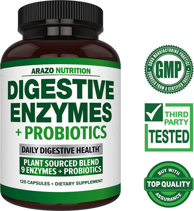 Digestive Enzymes with Probiotics Multi Enzyme Nutritional Supplement Acidophilus Bromelain Papaya Papain Lipase Lactase Improve Digestion 120 Pills Arazo Nutrition