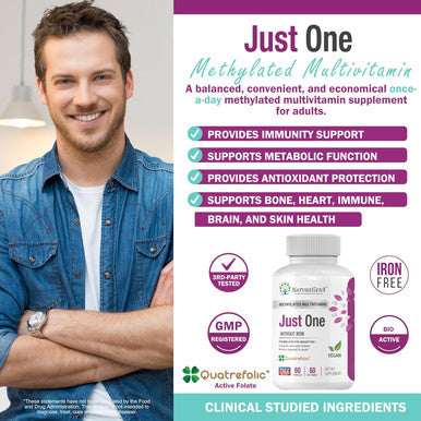 Just One Daily Methylated Multivitamin - 60 Caps Pure Methyl B12, Methylfolate Mthfr Support Supplement Iron Methylated Vitamins For Men & Women 2 Months Supply Gluten Free
