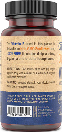 DEVA Vegan Vitamins Vitamin E 400IU with Mixed Tocopherols, Soy-, Non-GMO, 90 Capsules, 1-Pack