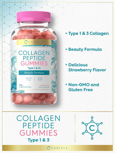 Carlyle Collagen Gummies | Strawberry Flavor Beauty Supplement | Hydrolyzed Collagen Peptides for Women & Men | Type 1 & 3 | Non-GMO Gluten