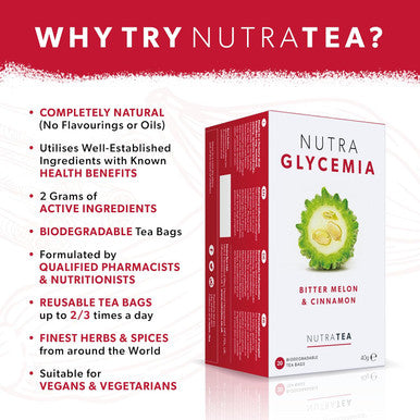 Nutra Tea NUTRAGLYCEMIA - Glycemia Tea | Bitter Melon Tea - Includes Bitter Melon Fenugreek & Banaba Leaf - 60 Enveloped Tea Bags - by - Herbal Tea - (3 Pack)