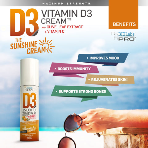 Biolabs Pro All Natural Vitamin D3 15000Iu Vitamin D Cream - Maximum Strength - Fight Vitamin D Deficiency Naturally - With Vitamin K2 & Olive Leaf Extract - Safe & Effective (15000Iu - 3.0Oz)