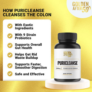 Golden After 50 PuriCleanse Detox and Colon Cleanse Support 60 Capsules 1040mg with Probiotics Senna Leaf and Psyllium Husk for Gut Cleanse and Bloating Relief for Men and Women