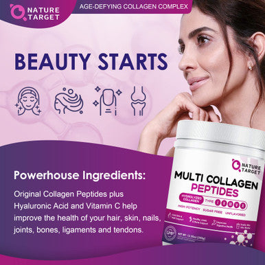 Nature Target Multi Collagen Peptides Powder - Type I, Ii, Iii, V, X - Hydrolyzed Collagen Peptides With Vitamin C Hyaluronic