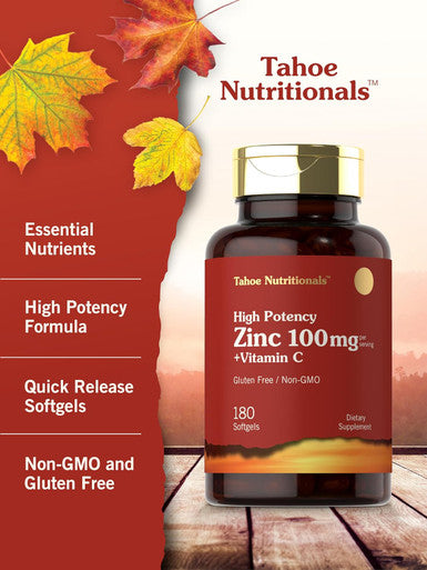 Carlyle Zinc Supplement 100mg with Vitamin C | 180 Softgels | Non-GMO Gluten | Tahoe Nutritionals