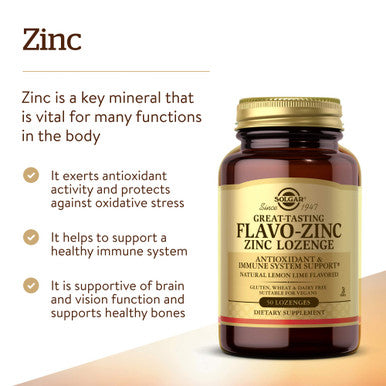 Solgar Flavo-Zinc Lozenge 50 Count - Great-Tasting Lemon Lime Flavor - Antioxidant Immune System Health - Highly Absorbable Dissolves Quickly - Vegan Gluten Free Dairy Free Kosher - 50 Servings