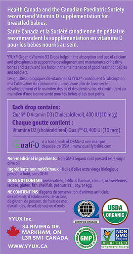YYUX Certified Organic D3 Drops for Babies 0-3, 400 IU Non-GMO Project Verified - 90 Drops, 3 Months Supply