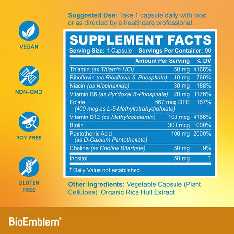 BioEmblem Vitamin BComplex All 8 Active Forms with Methyl Folate Methyl B12 B6 Biotin Plus Choline Inositol Supports Energy Metabolism Brain Heart Health B Vitamin Supplement 90 Capsules