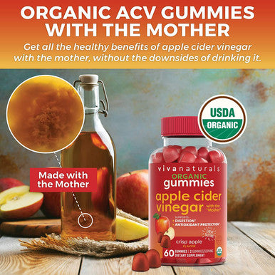 Organic Apple Cider Vinegar Gummies (60 Gummies) - ACV Gummies with The Mother, Supports Healthy Digestion & Provides Antioxidant-Like Support, Crisp Apple Flavor