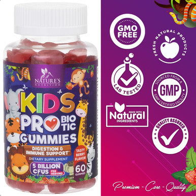 Kids Probiotic Digestive Health & Immune Support Gummies, 5 Billion CFU, Daily Children's Gluten-Free & Non-GMO Chewable Probiotics, Tasty Berry Flavor Gummy with L Acidophilus - 60 Gummies