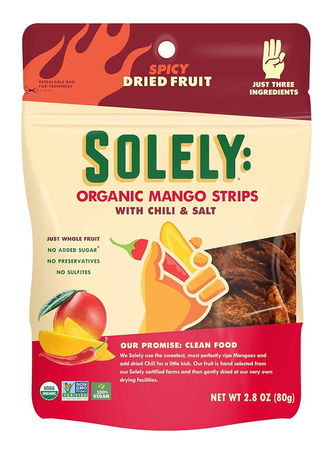 SOLELY Organic Dried Mango Strips with Chili and Salt (2.8 oz Resealable Bags Pack of 8) Real Fresh Fruit Healthy Snacks for Adults & Kids Non GMO Vegan Snacks Shelf Stable 8 Bags (22.4 oz)