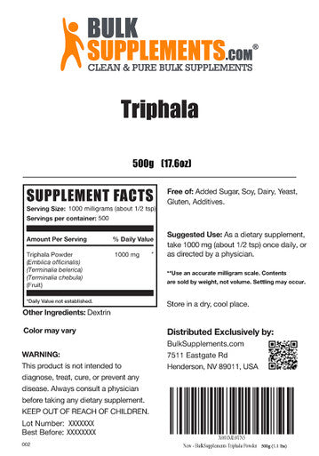 BulkSupplements Triphala Powder - Triphala Herbal Supplements, from Amla, Bhibitaki, & Haritaki - 1000mg of Triphala Supplement , (500 Grams - 1.1 lbs)
