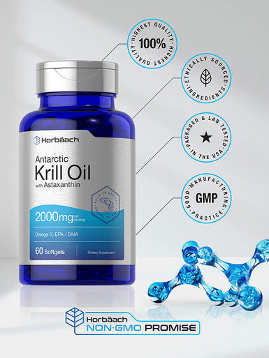 Antarctic Krill Oil 2000mg | 60 Softgel Capsules | Omega-3, EPA, DHA Supplement | with Astaxanthin | Non-GMO, Gluten Free | by Horbaach