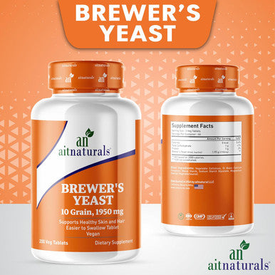 Aitnaturals Brewer's Yeast Tablets - 200 Tablets 1950mg | Supports healthy skin & hair Digestive and Immune Function Nutrient Balance Regulate blood sugar levels | Non-GMO Vegan Gluten-