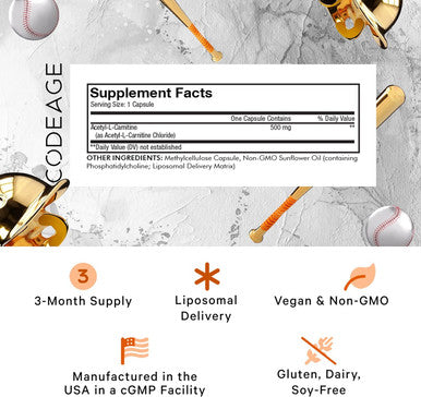 Codeage Liposomal Acetyl-L-Carnitine+ Supplement - 500 mg Acetyl-L-Carnitine per Serving - 3-Month Supply Liposomal Delivery - Alcar Supplement - L-Carnitine - Non-GMO Gluten- 90 Capsules
