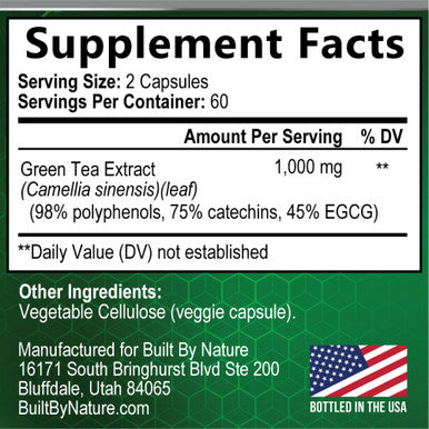 Built Nature Green Tea Extract Pills - Powerful Antioxidant Supplement - 98% Standardized Egcg 1000Mg For Natural Energy With Polyphenols - Gentle Caffeine - 120 Capsules