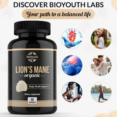 Bioyouth Organic Lions Mane Brain Support Dietary Supplement Premium Lions Mane Mushroom Extract - 90 Capsules