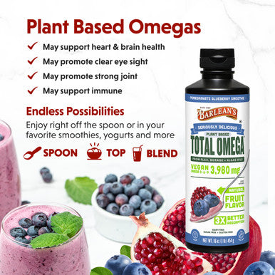 Barlean's Liquid Flaxseed Borage and Algae Oils Omega 3 Supplement Pomegranate Blueberry Flavor Vegan Epa and Dha From Algal Oil Flax Oil And Borage Seed Oil With 3 980 Mg Of Omega-3-6-9 16 Oz