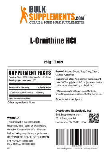 BulkSupplements L-Ornithine Powder - Amino Supplement for Protein Synthesis - - 1g (1000mg) , 250 Servings (250 Grams - 8.8 oz)