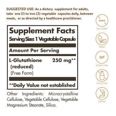 Solgar Reduced L-Glutathione 250 Mg 60 Vegetable Capsules - Antioxidant Support - Free Form Amino Acids - Non-Gmo Vegan Gluten Free Dairy Free Kosher - 60 Servings