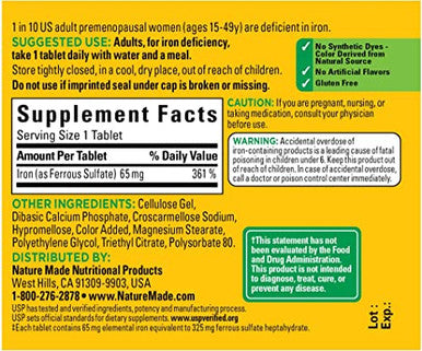 Nature Made Iron 65 mg (from Ferrous Sulfate) Tablets, 180 Count