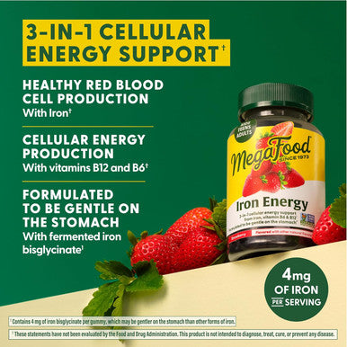 Megafood Iron Energy Gummies - Vegan & Gluten-Iron Supplement For Women, Men, Teens & Kids With Vitamin B12 & B6, From The Makers Of Blood Builder Iron Supplement, Strawberry Flavor - 60 Gummies