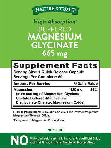 Magnesium Glycinate Capsules | 665mg | 60 Count | Non-GMO, Gluten Supplement | by Nature's Truth