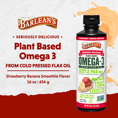 Barlean's Strawberry Banana Omega 3 Liquid Flaxseed Oil With 2 968 Mg Vegan Omegas 3 6 9 Smoothie Supplements For Kids and Adults From Cold Pressed Flax Seed Oil Non-Gmo and Gluten Free 16 Oz