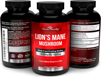 Divine Bounty Organic Lions Mane Mushroom Capsules - 1800Mg Strongest Lion'S Mane Mushroom Supplement - Non-Gmo Lions Mane Extract Powder - Nootropic Brain Supplement - Brain & Immune Support - 90 Vegetarian Caps