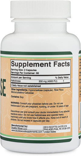 Nattokinase Supplement 4000 FU Servings 120 Capsules Derived from Japanese Natto for Cardiovascular and Blood Circulation Support by Double Wood Supplements