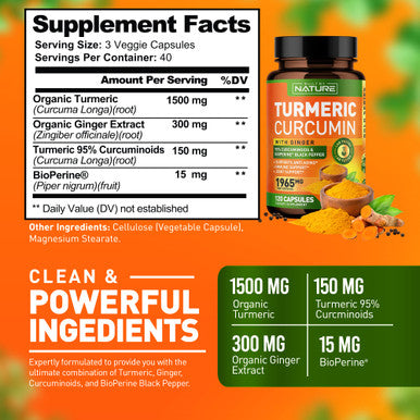 Built Nature Turmeric Curcumin 1965Mg With Ginger & Bioperine Black Pepper Extract - High Absorption 95% Curcuminoids For Joint & Antioxidant Support - Non-Gmo, Gluten-Free, Vegan - 120 Herbal Supplement Capsules