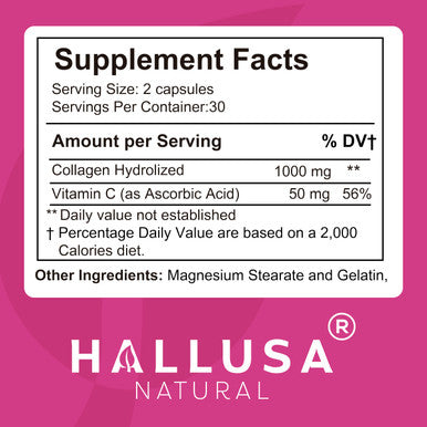 Hallusa Natural C lageno Hidrolizado - Pastillas De Col geno - Piel, Arrugas Y Antienvejecimiento Fortalecimiento Del Cabello Y U as Dolor En Articulaciones Collagen Hydrolized Plus Vitamin C 1000 Mg 60 Cap