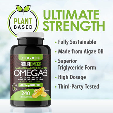 Aquaomega Ultimate Strength Plant-Based Omega 3 High Dha Supplement, Omega 3 Supplements With Epa From Omega 3 Algae Oil, 2480Mg Of Vegan Omega 3, 240 Softgels