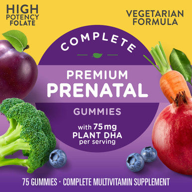 Natures Way Alive! Complete Premium Prenatal Gummy Multivitamin, High Potency Folate, Plant-Based DHA, Vegetarian, Strawberry and Lemon Flavored Gummies, 75 Gummies
