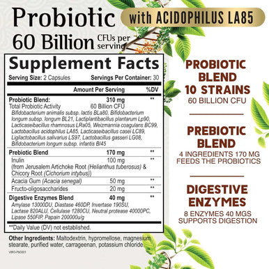 Nature'S Nutrition Probiotics 60 Billion CFU - 10 Probiotic Strains Prebiotics & Digestive Enzymes - Immune Digestive & Gut Health - Supports Bowel Frequency & Regularity - Shelf Stable for Women & Men - 120ct