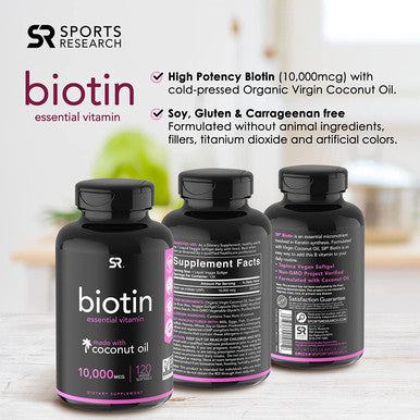 Sports Research Extra Strength Vegan Biotin Vitamin B Supplement with Organic Coconut Oil Supports Keratin for Healthier Hair Nails Great for Women Men 10000mcg 120 Veggie Softgel Capsules