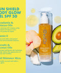 Kopari Sun Shield Body Glow SPF 50 UV Protection Sheer Mineral Sunscreen Gold Shimmer Mica Sweat and Water Resistant Antioxidant Vitamin E
