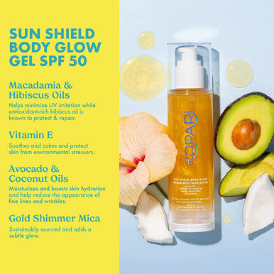 Kopari Sun Shield Body Glow SPF 50 UV Protection Sheer Mineral Sunscreen Gold Shimmer Mica Sweat and Water Resistant Antioxidant Vitamin E