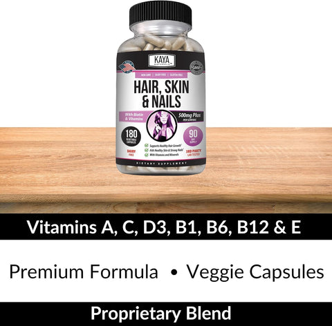 Kaya Naturals Hair Skin Nail Capsules BIOTIN Vitamin D Vitamin B12 A Folic Acid Support Hair Support Vitamin Supplement 180 Count