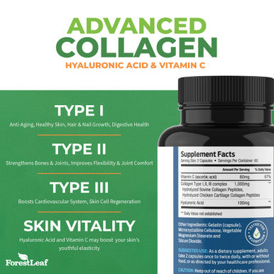 ForestLeaf Multi Collagen Pills with Hyaluronic Acid + Vitamin C | Hydrolyzed Collagen Supplements for Women or Men | Multi Collagen Capsules Peptides for Skin, Wrinkles 120 Caps
