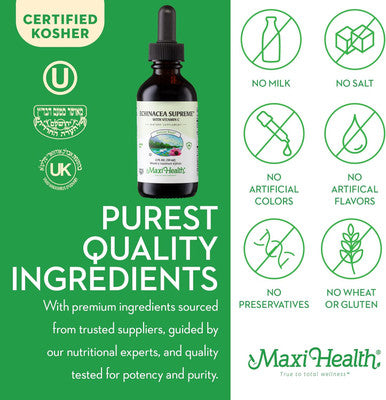 Maxi Health - Organic Echinacea Supreme Liquid Extract with Vitamin C - Immune Support Supplement Echinacea Drops - 1000mg Echinacea Root & Whole Plant Herb Extract - 2 Fl Oz Immune Booster Bottle