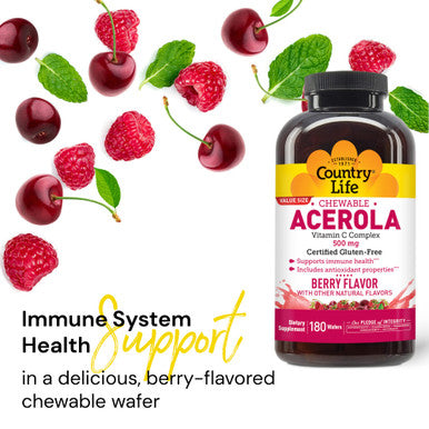 Country Life Acerola Vitamin C Complex 500Mg Chewable Berry Flavored Wafers Supports Immune Health 180 Wafers Certified Gluten Free By Gfco Certified Vegan By Ava