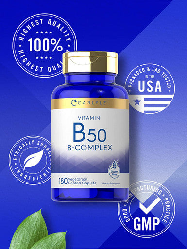 Carlyle Vitamin B50 Complex | 180 Caplets | Vegetarian, Non-Gmo, Gluten Free